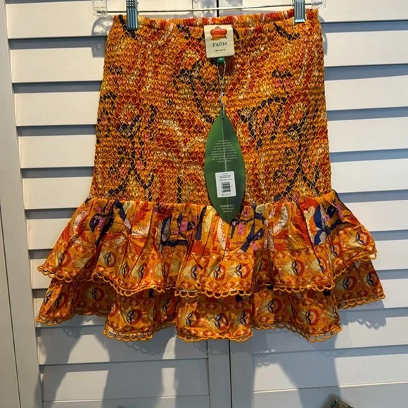 FARM Rio NWT Palms Party Yellow Smocked Mini Skirt Size M MSRP$140.